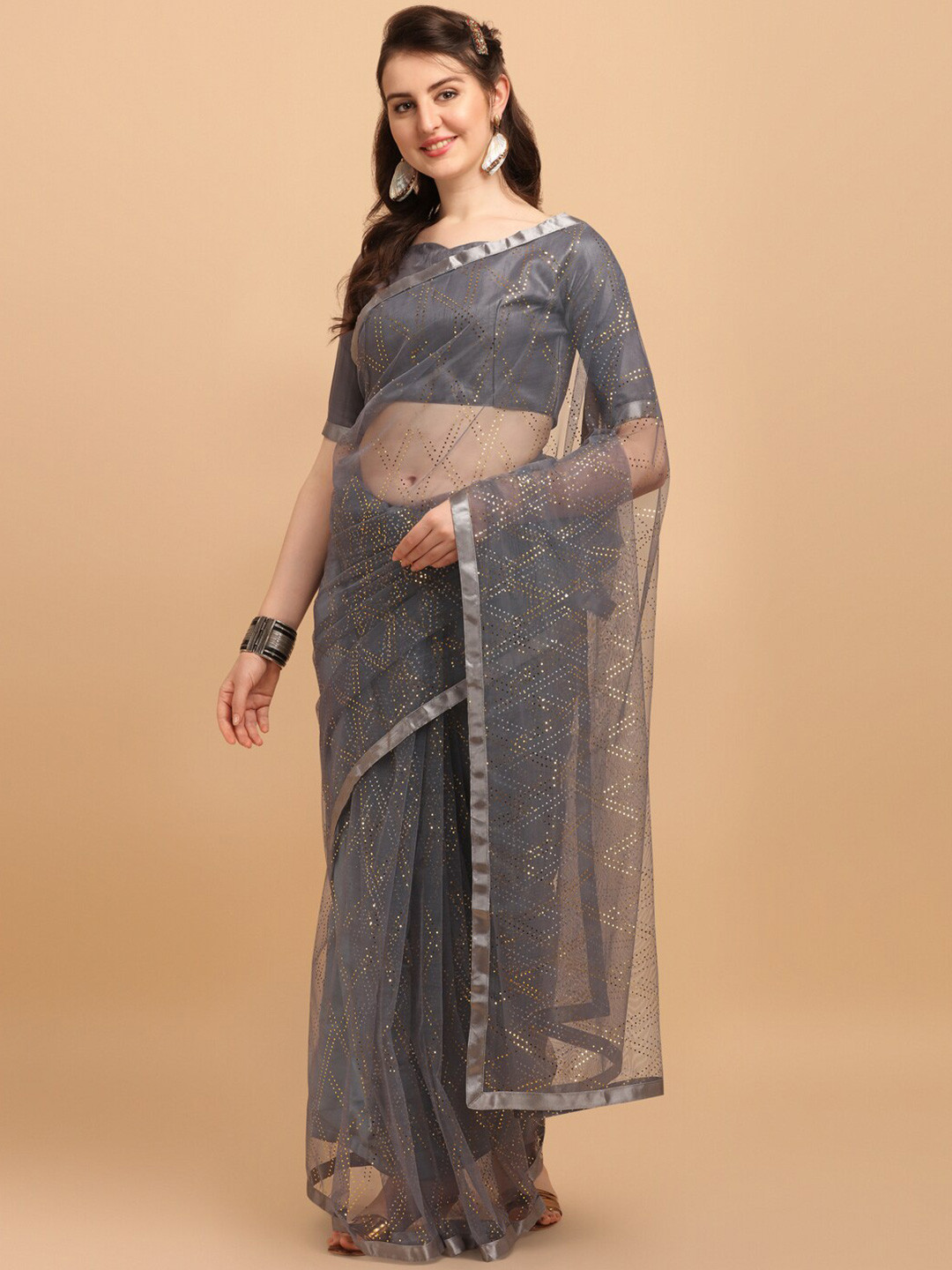 

KALINI Geometric Embellished Net Saree, Grey