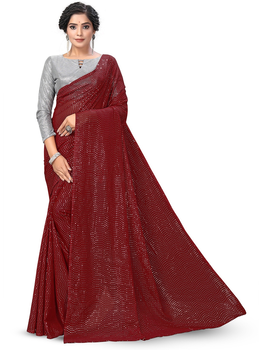 

KALINI Mukaish Embellished Pure Georgette Saree, Maroon