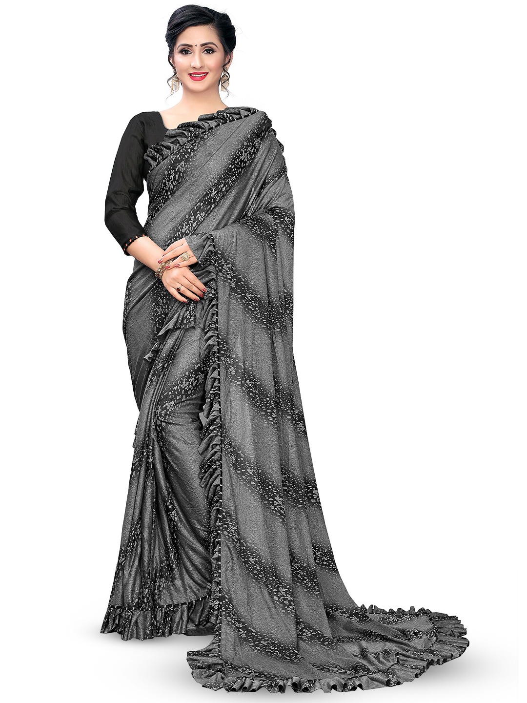 

KALINI Abstract Printed Ruffled Saree, Grey