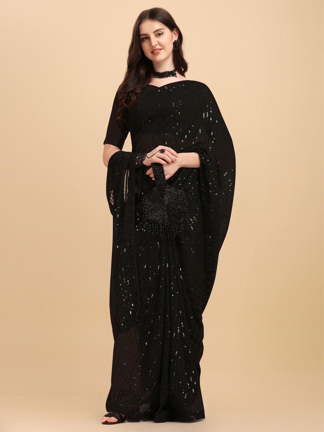 

KALINI Embellished Sequinned Pure Georgette Saree, Black