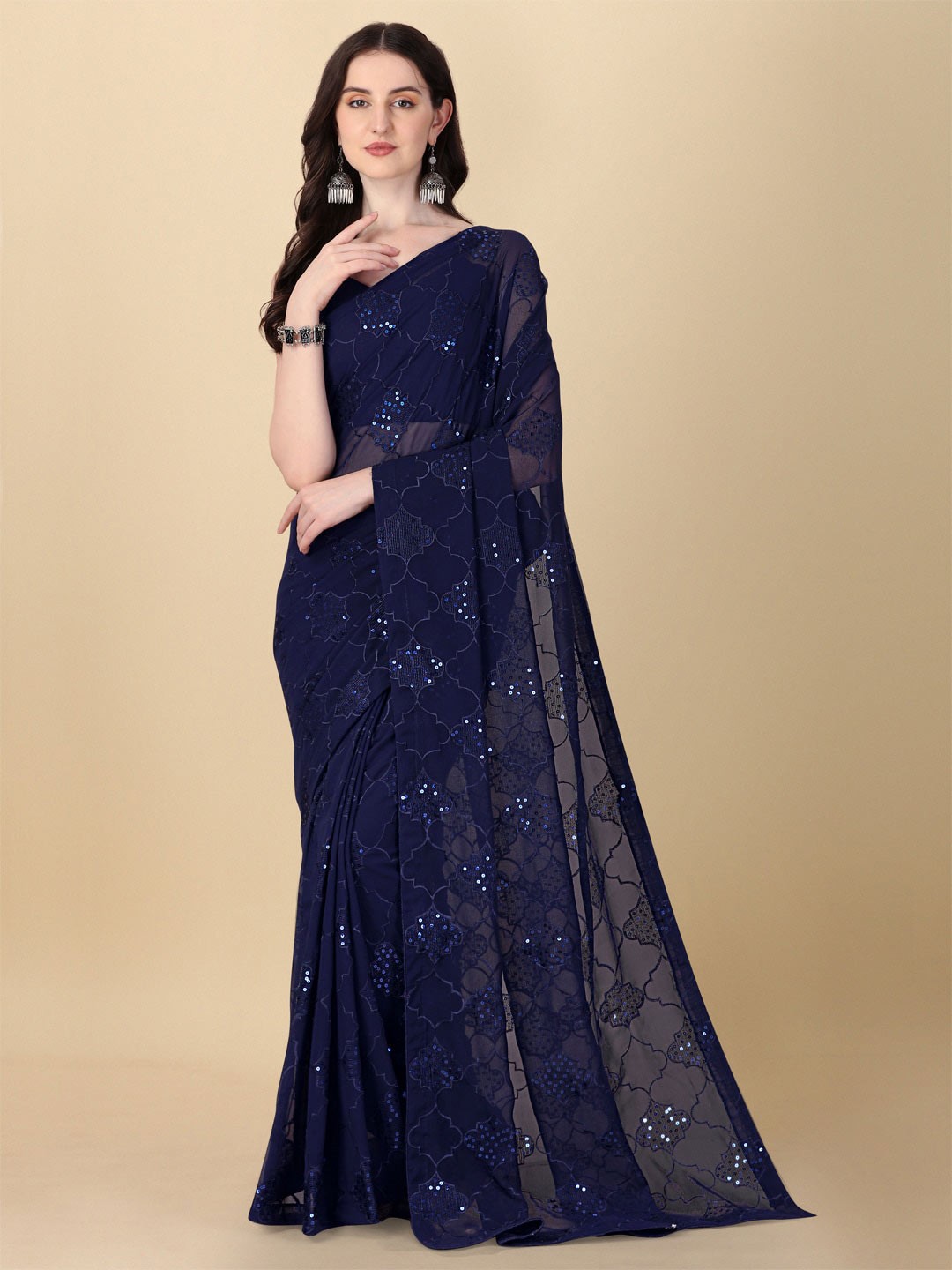 

KALINI Embellished Pure Georgette Saree, Navy blue