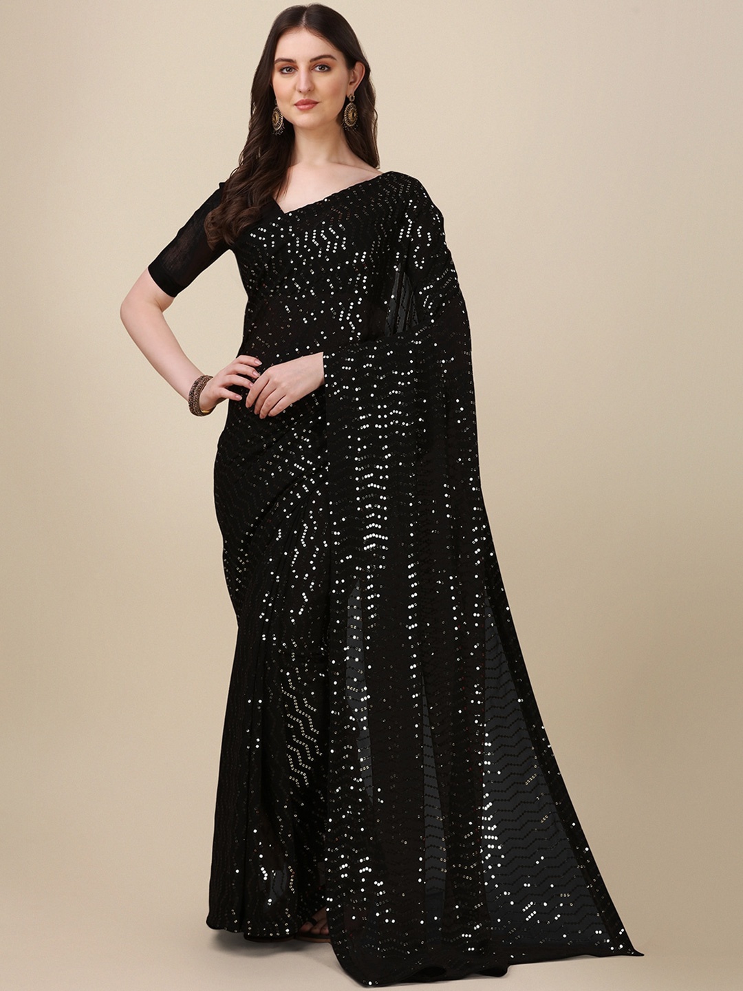 

KALINI Embellished Pure Georgette Saree, Black