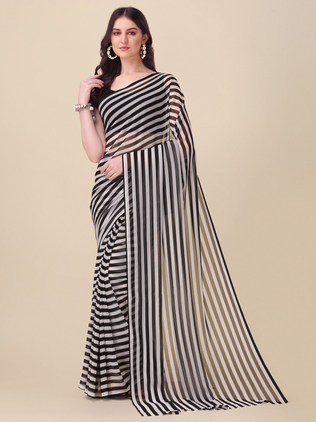 

KALINI Striped Pure Georgette Saree, Black