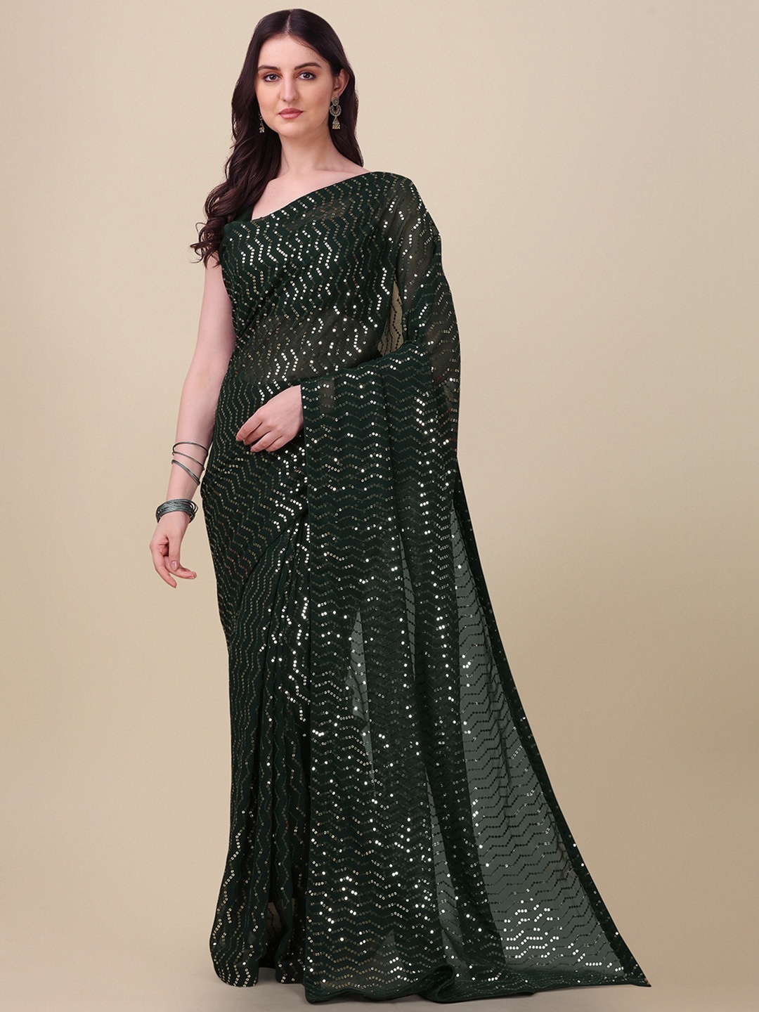 

KALINI Embellished Sequinned Pure Georgette Saree, Green