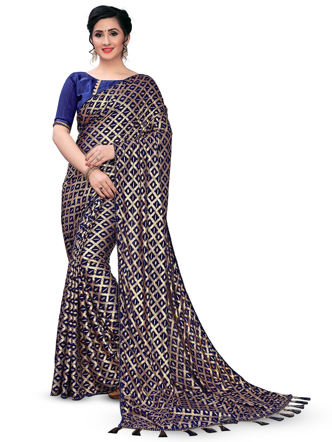 

KALINI Geometric Printed Tassels Border Saree, Navy blue