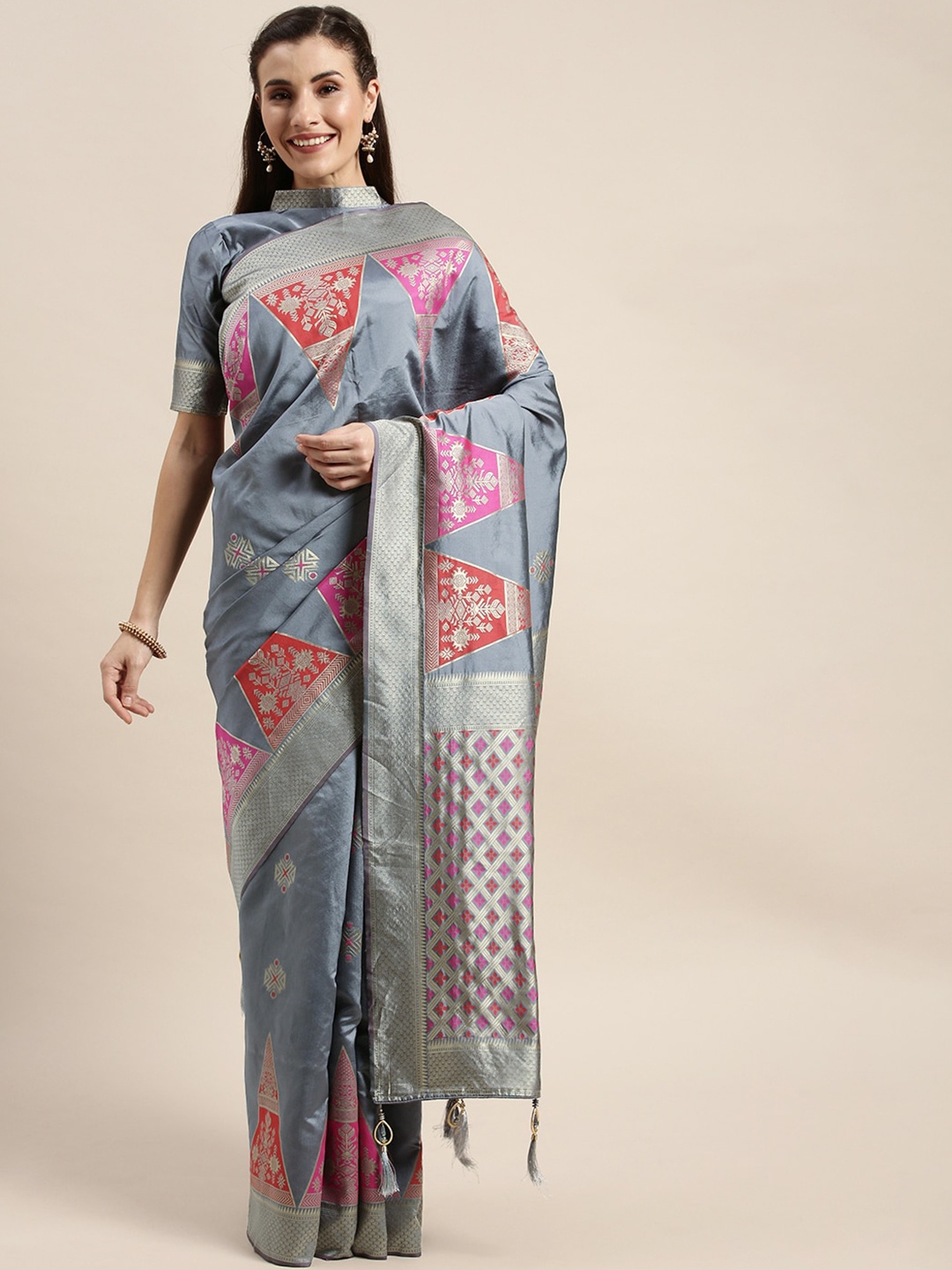 

KALINI Ethnic Motifs Woven Design Zari Detail Banarasi Saree, Grey