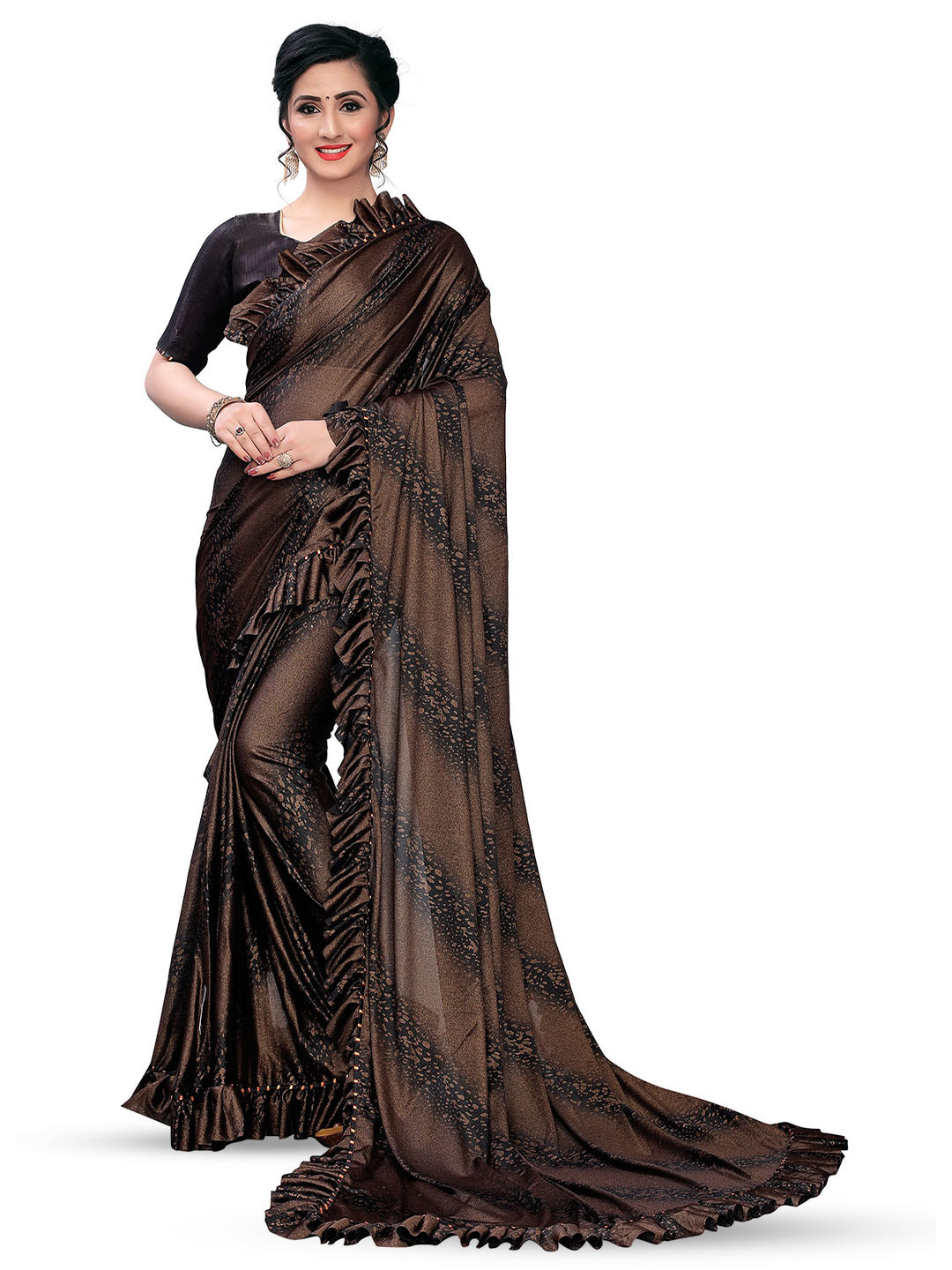 

KALINI Abstract Printed Ruffles Saree, Brown