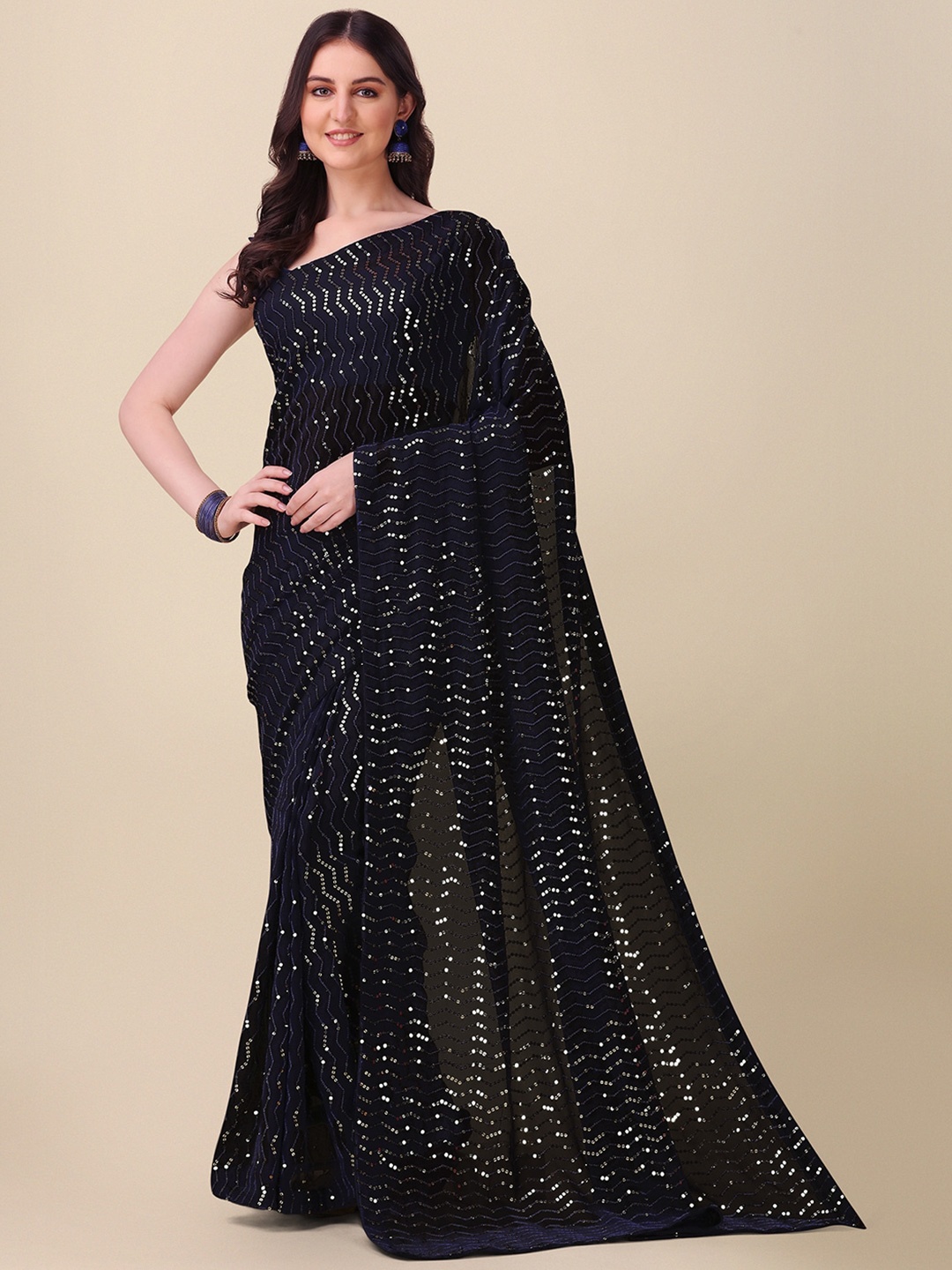 

KALINI Embellished Pure Georgette Saree, Navy blue