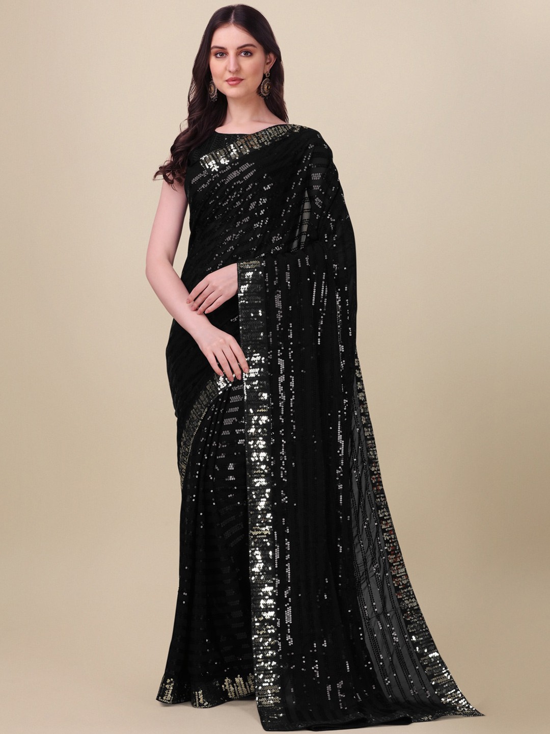 

KALINI Embellished Sequinned Pure Georgette Saree, Navy blue