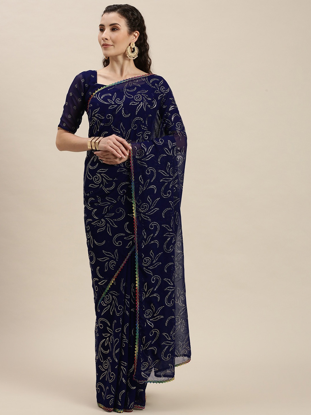 

KALINI Beads and Stones Embellished Pure Georgette Saree, Navy blue