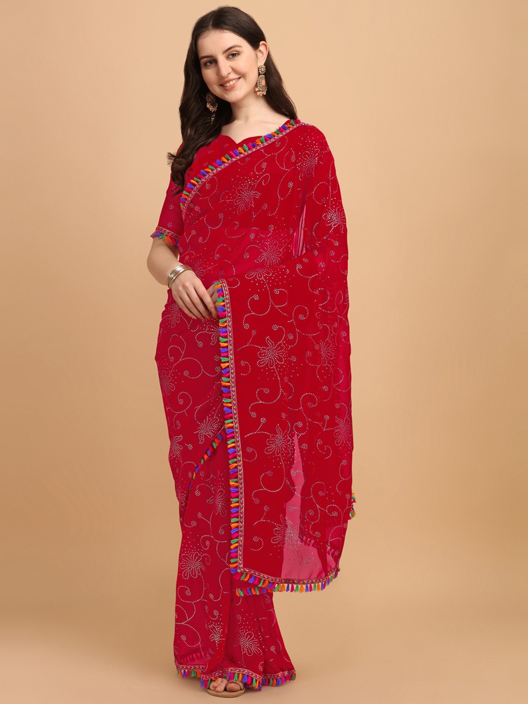 

KALINI Beads and Stones Embellished Pure Georgette Saree, Red