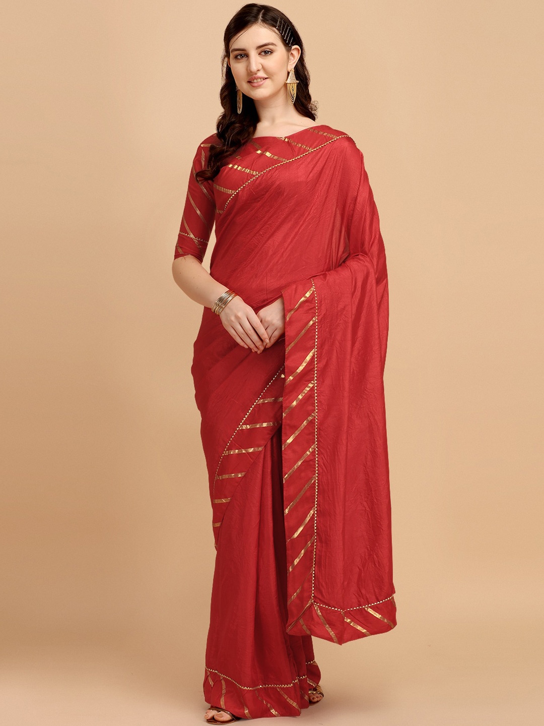 

KALINI Striped Gotta Patti Leheriya Saree, Red