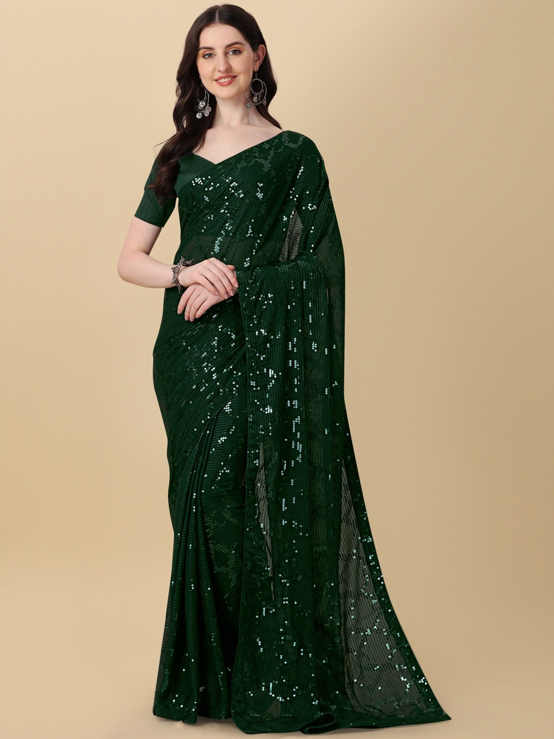 

KALINI Embellished Sequined Pure Georgette Saree, Green