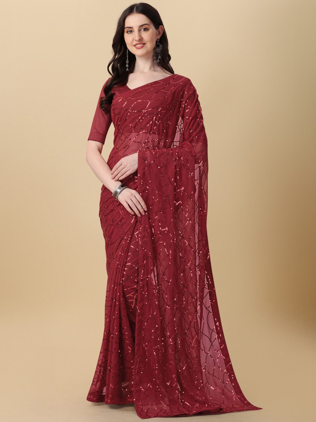 

KALINI Embellished Sequined Pure Georgette Saree, Maroon