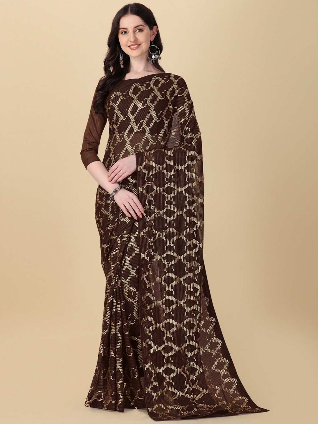 

KALINI Embellished Sequined Pure Georgette Saree, Brown