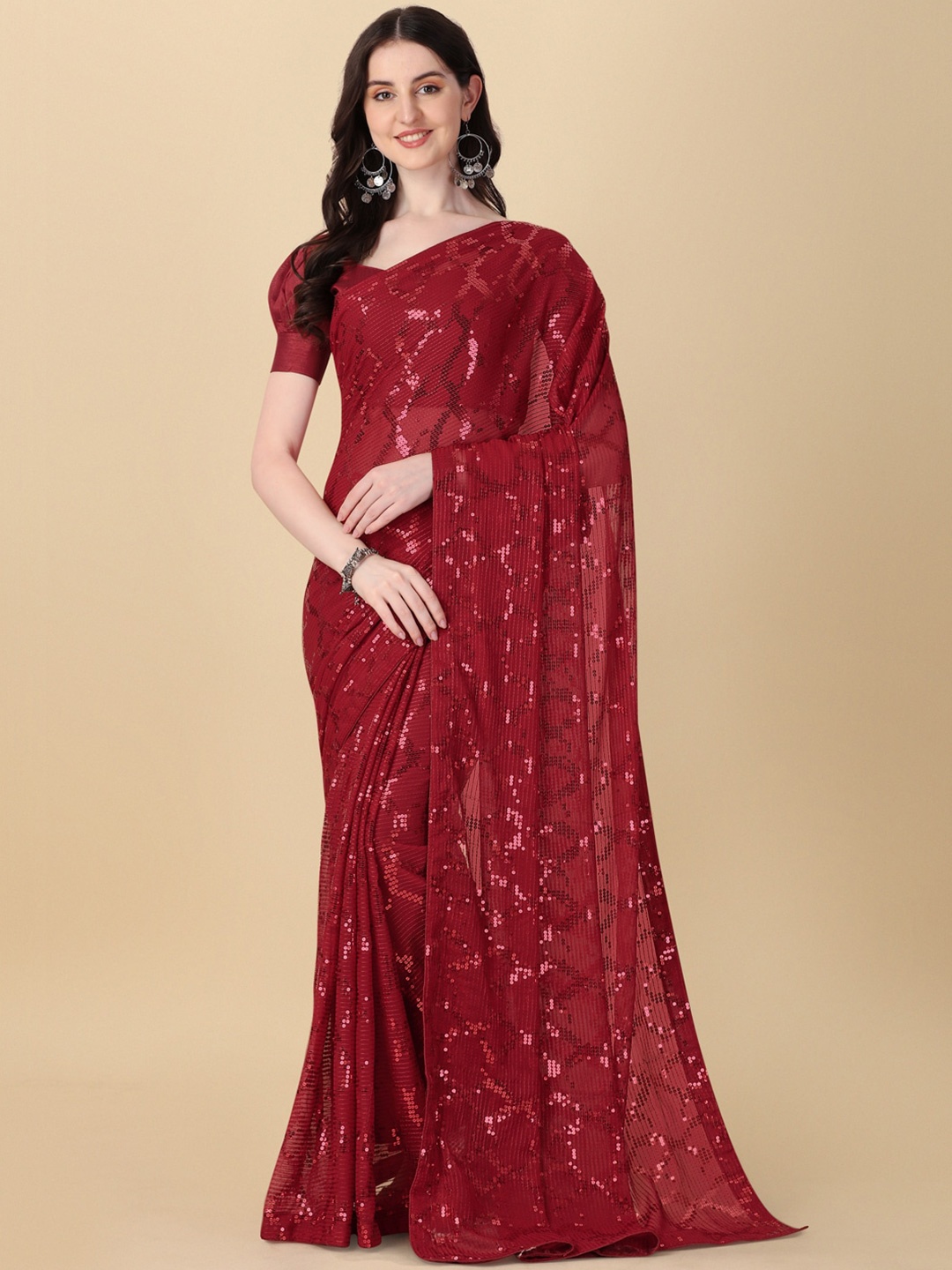 

KALINI Embellished Sequinned Pure Georgette Saree, Maroon