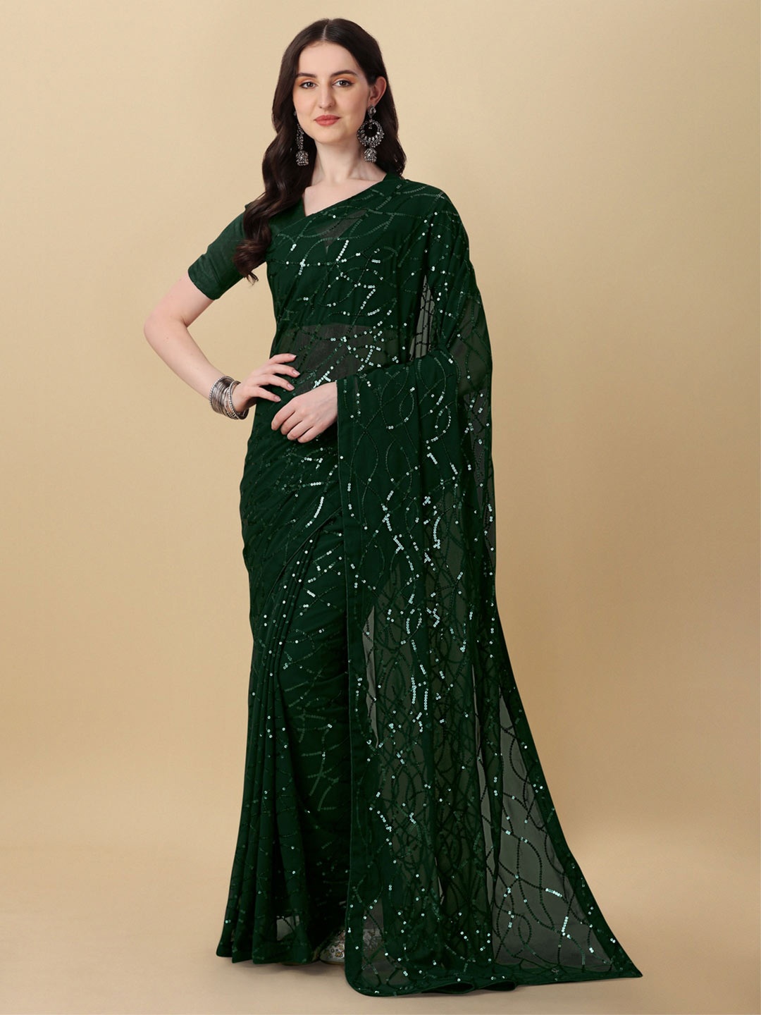 

KALINI Embellished Sequinned Pure Georgette Saree, Green