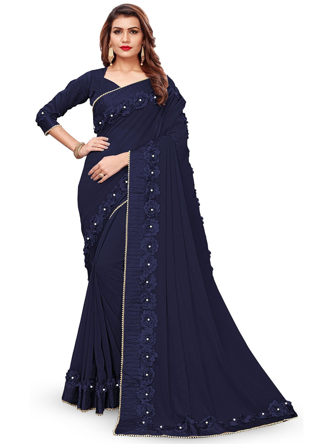 

KALINI Embroidered Gotta Patti Pure Georgette Saree, Blue