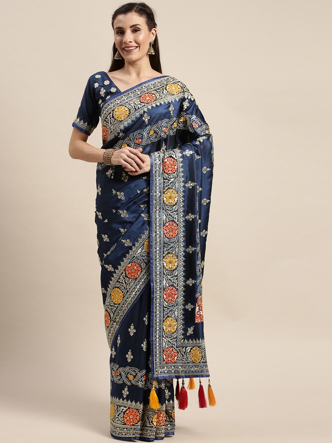

KALINI Floral Embroidered Pure Silk Banarasi Saree, Navy blue