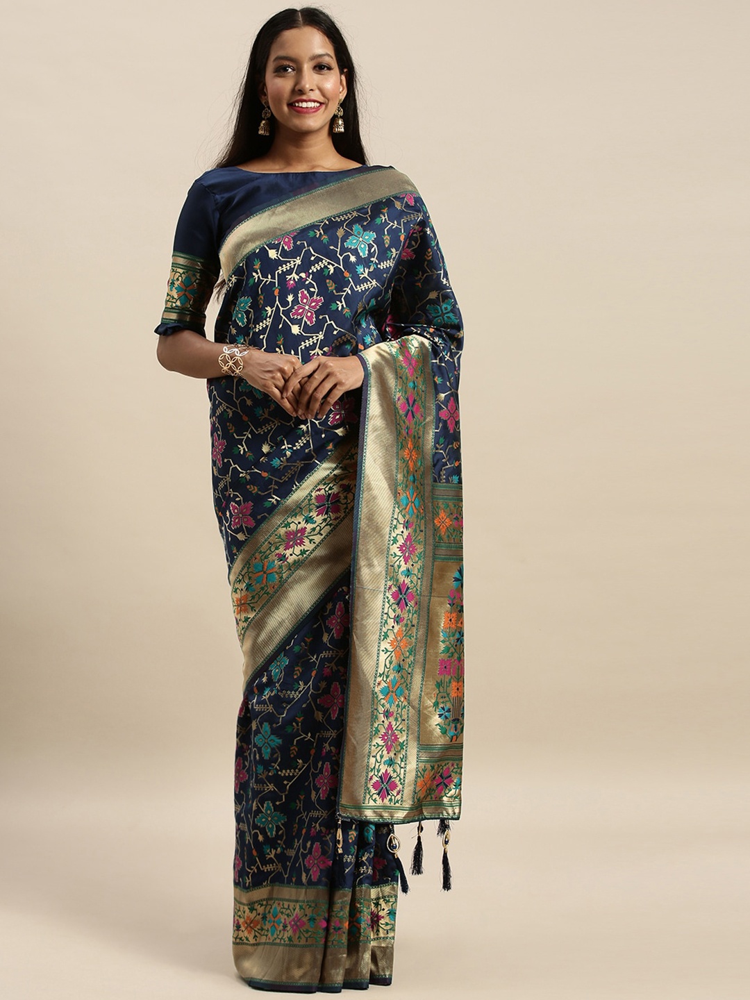 

KALINI Woven Design Zari Banarasi Saree, Navy blue