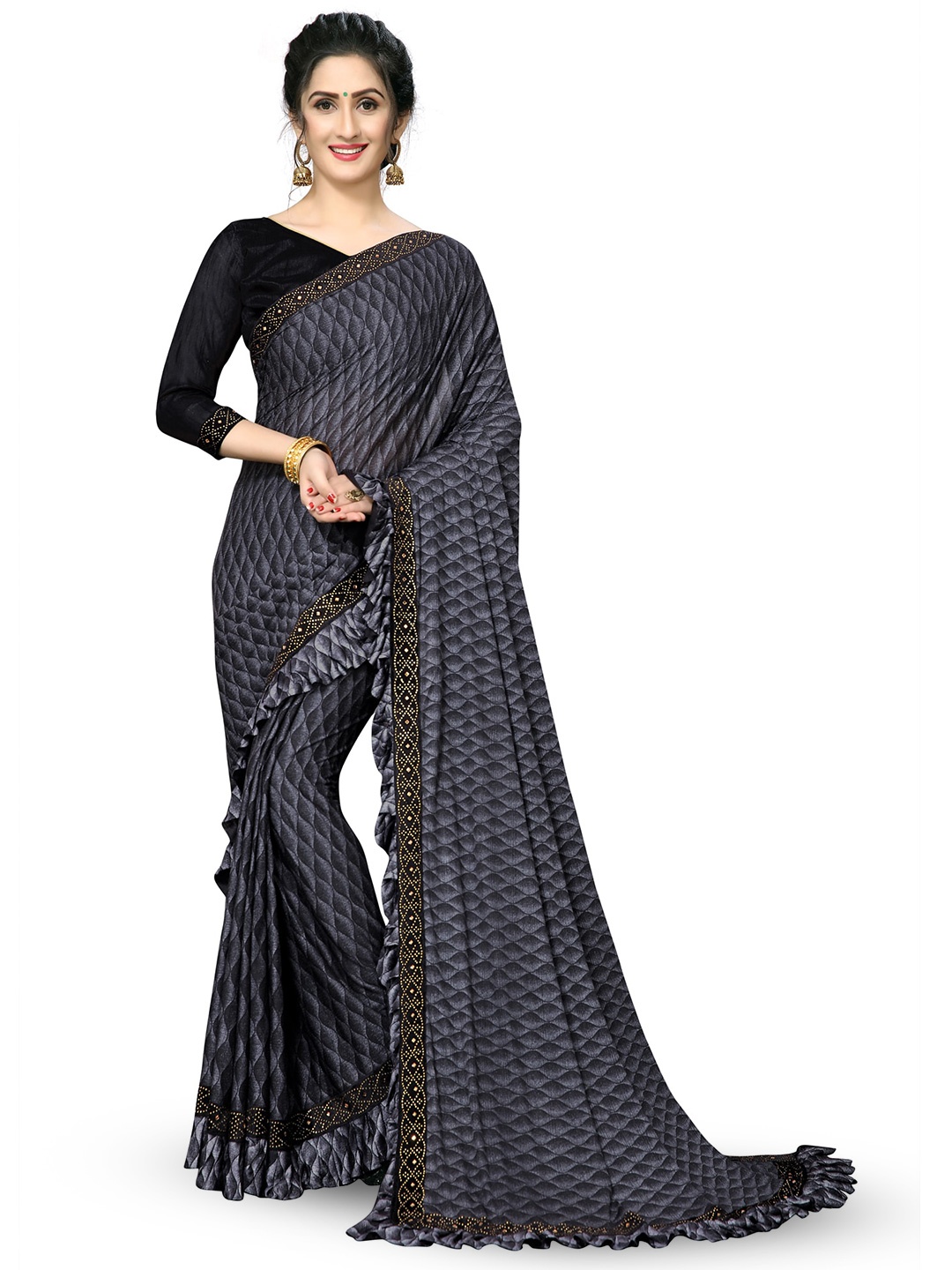 

KALINI Geometric Printed Ruffles Saree, Grey