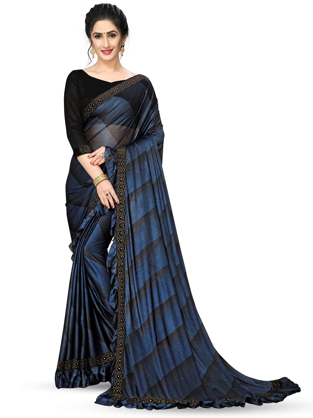

KALINI Foil Printed Striped Ruffles Saree, Blue