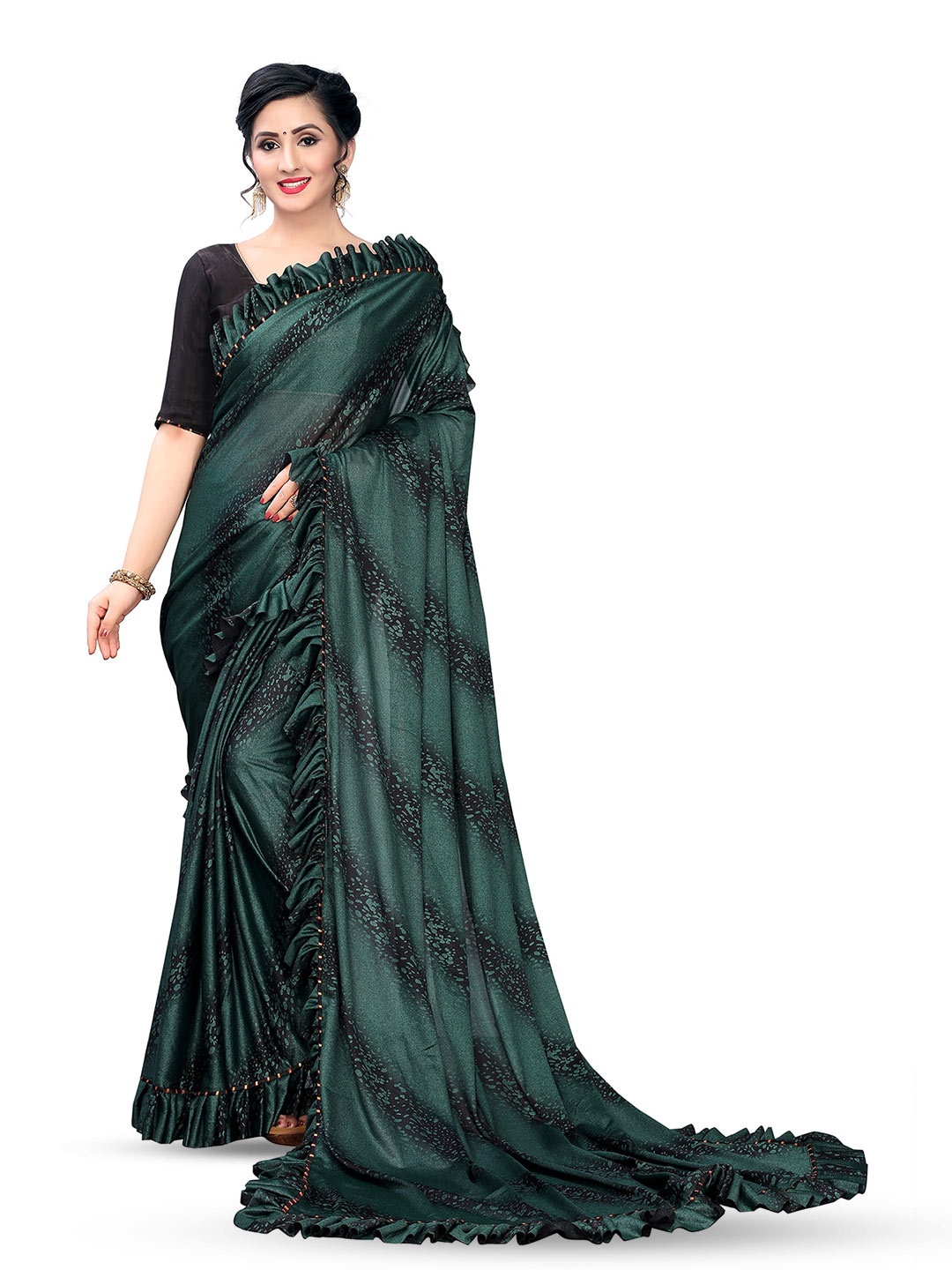 

KALINI Abstract Printed Ruffles Saree, Green