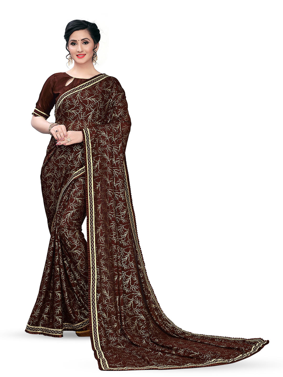 

KALINI Floral Printed Zari Saree, Brown