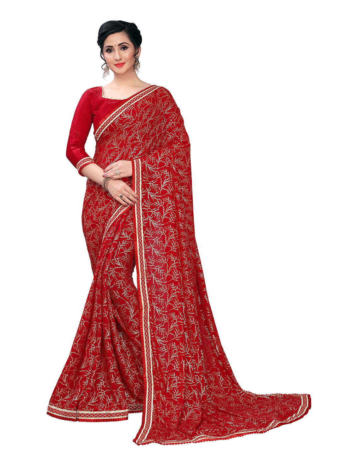 

KALINI Floral Printed Zari Saree, Red