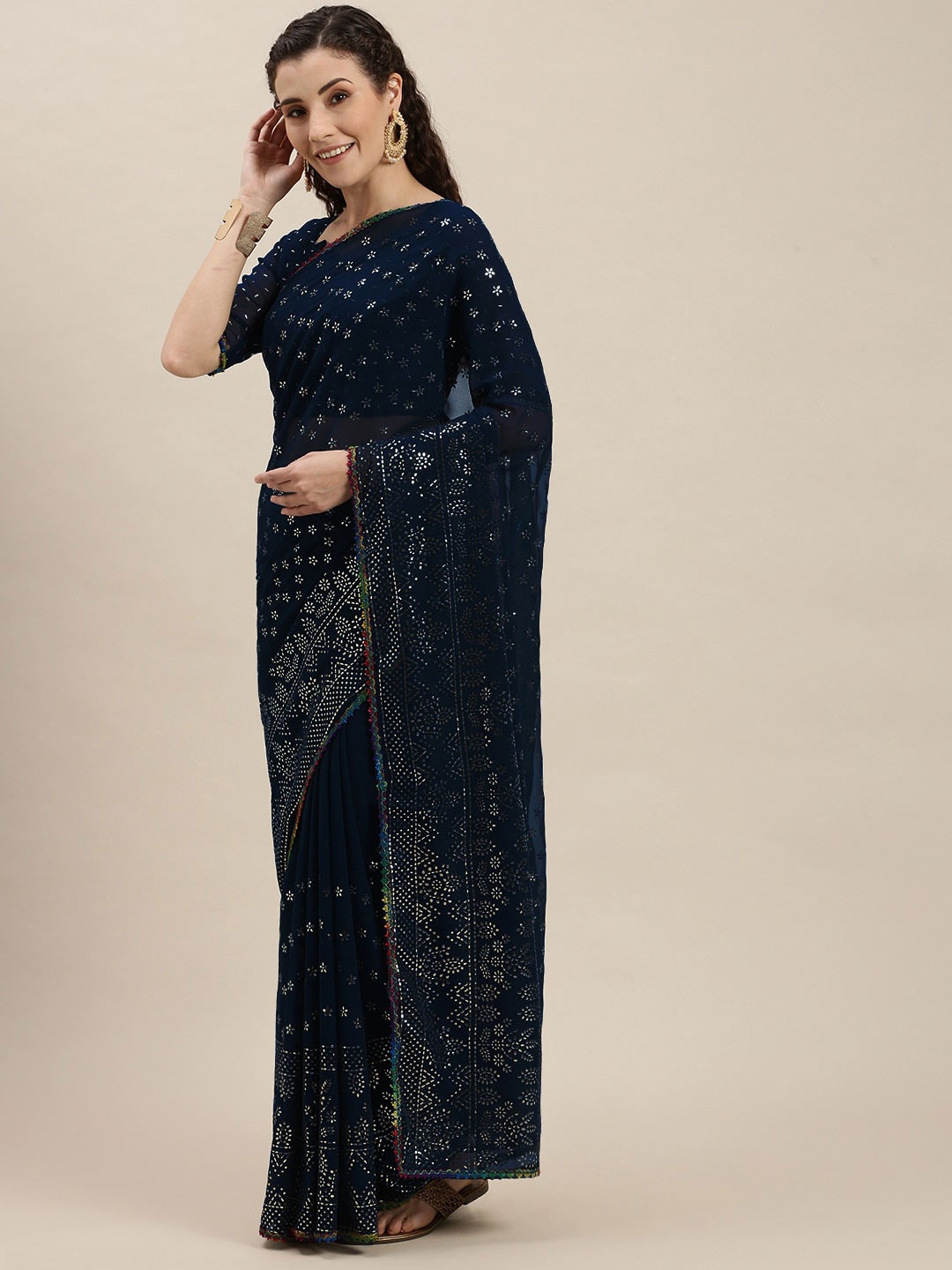 

KALINI Floral Pure Georgette Saree, Blue