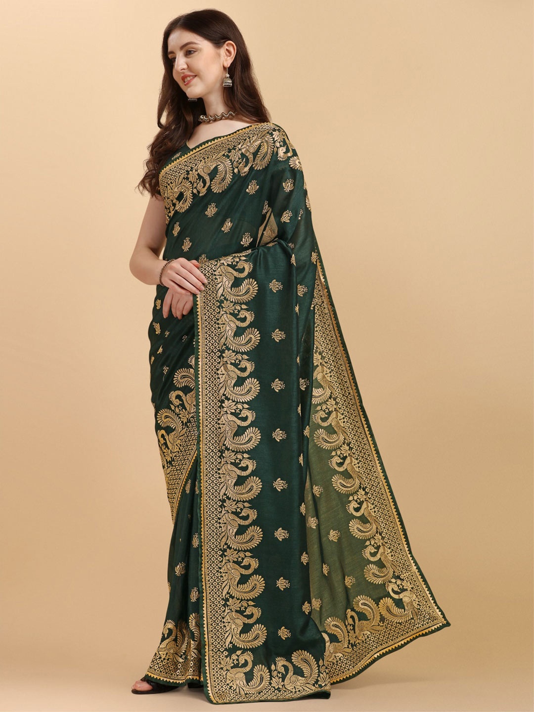 

KALINI Ethnic Motifs Embroidered Art Silk Saree, Olive