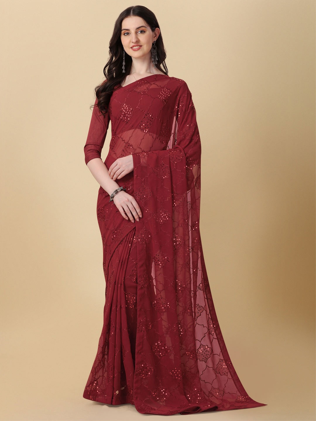 

KALINI Embellished Sequinned Pure Georgette Saree, Maroon