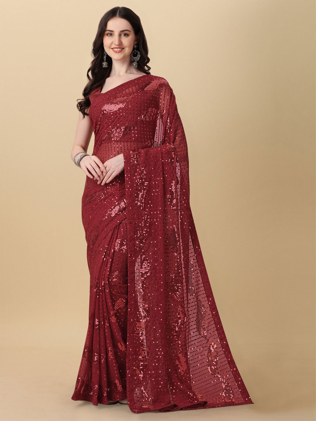 

KALINI Embellished Sequinned Pure Georgette Saree, Maroon