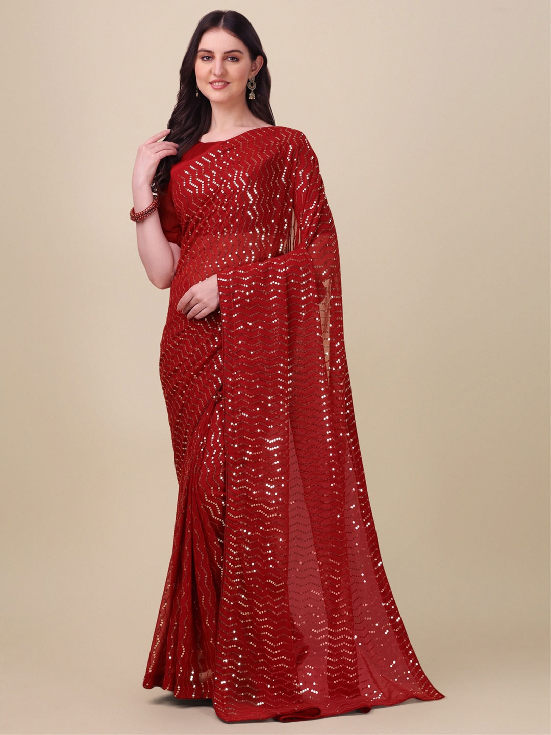 

KALINI Embellished Sequinned Pure Georgette Saree, Maroon