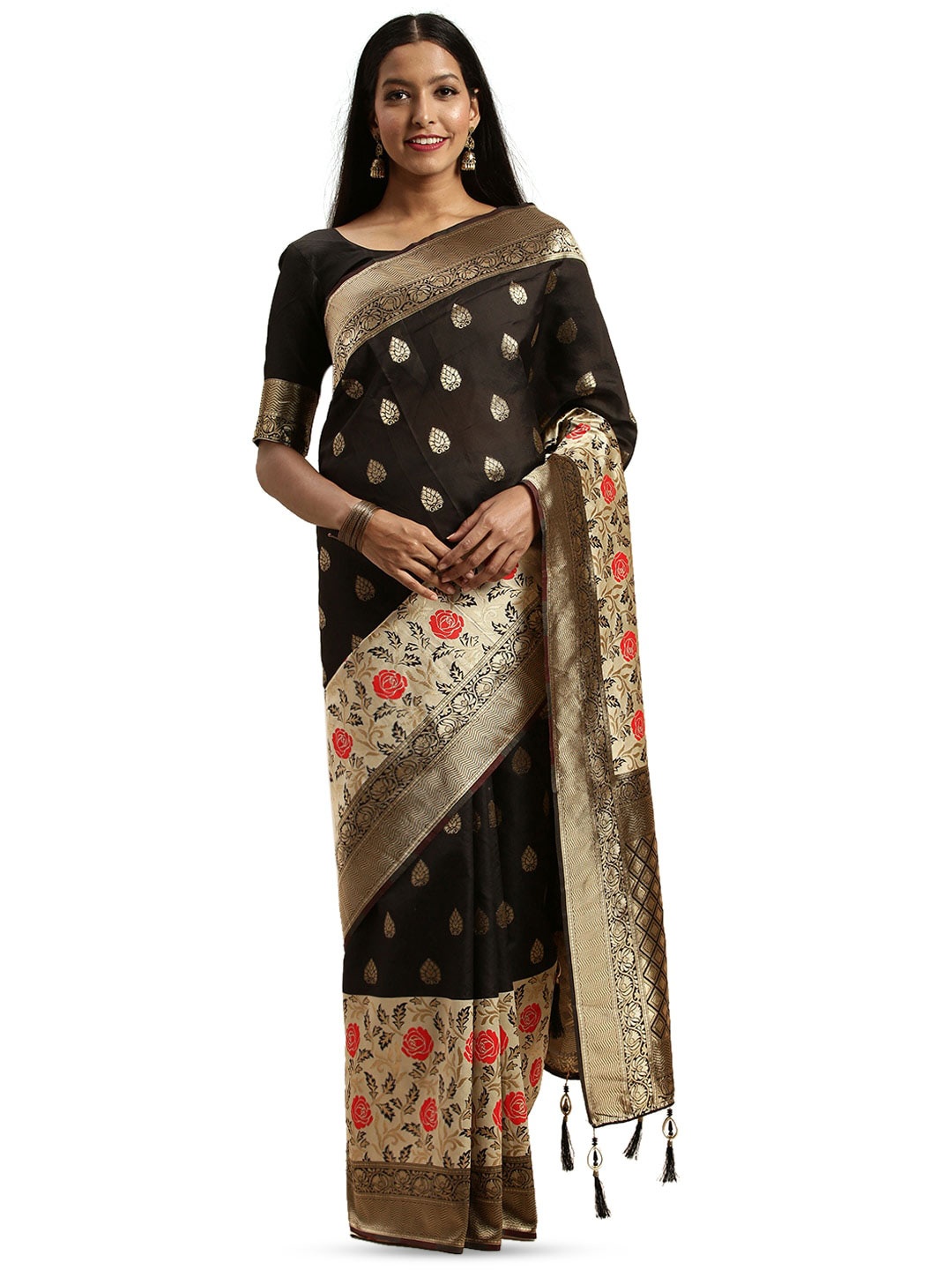 

KALINI Ethnic Motif Woven Design Zari Banarasi Saree, Black