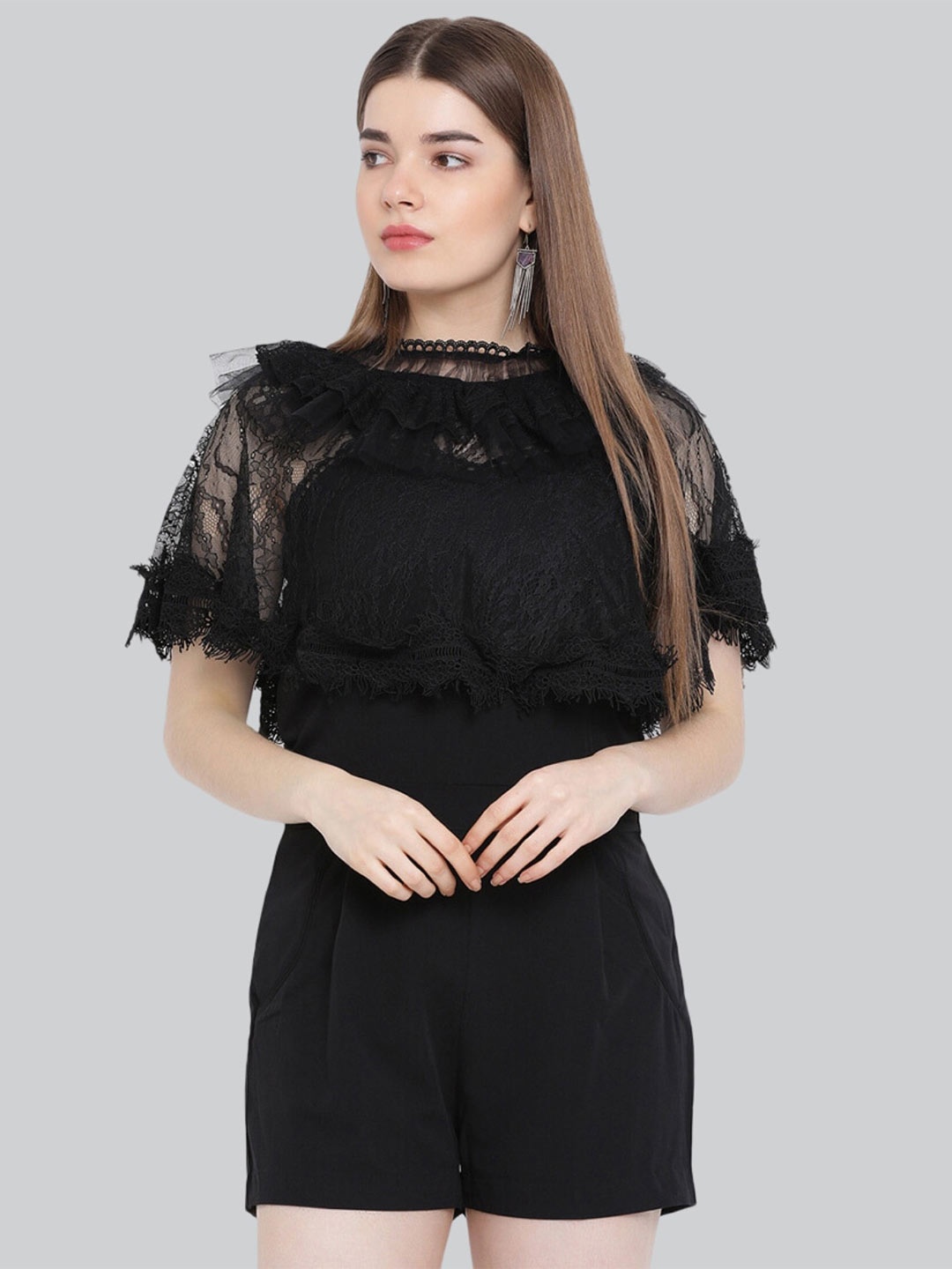 

Moda Elementi Self Design Round Neck Playsuit, Black