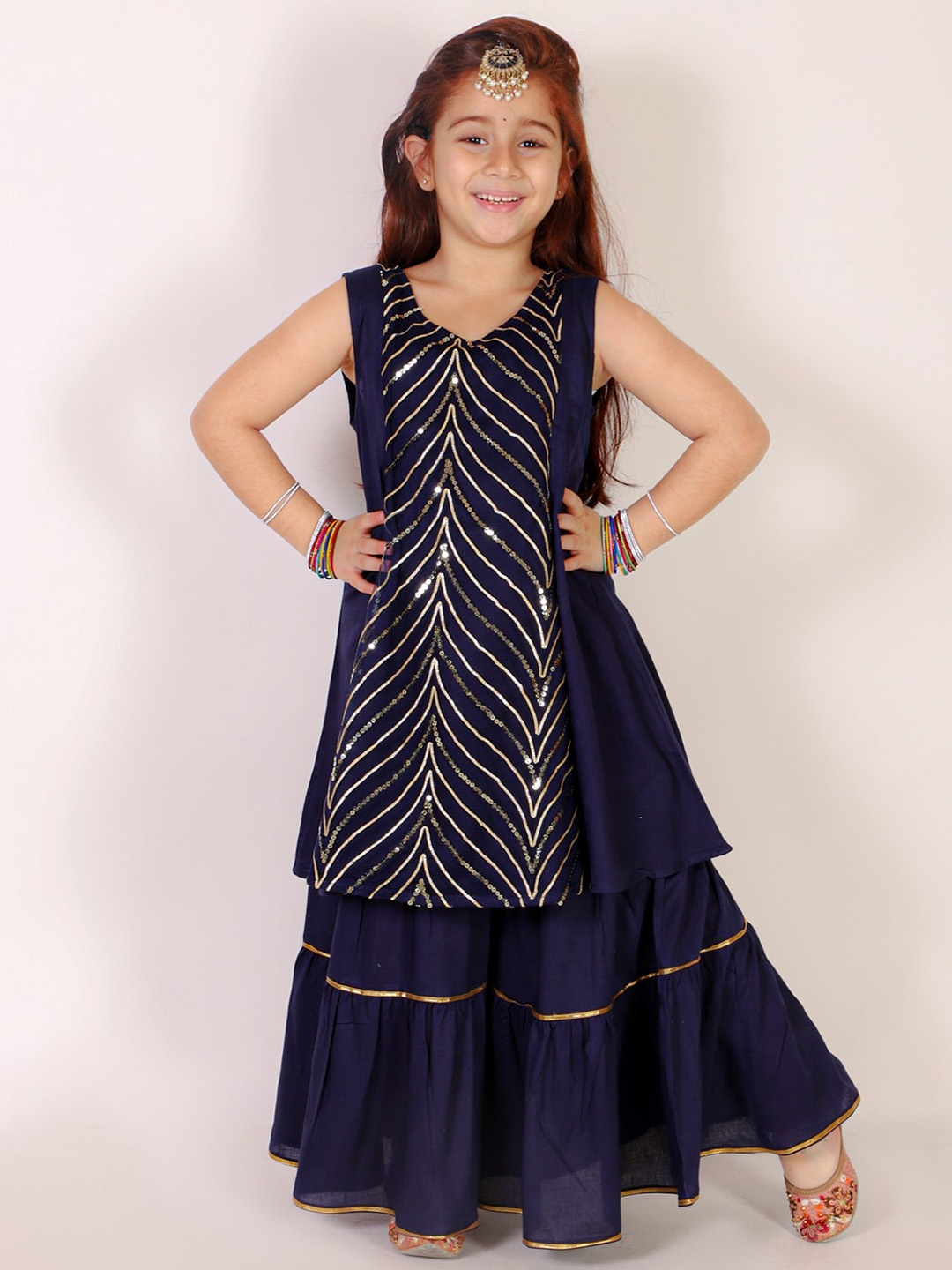 

BAESD Girls Embellished Sequinned Regular Dupion Silk A-Line Kurta with Skirt, Navy blue