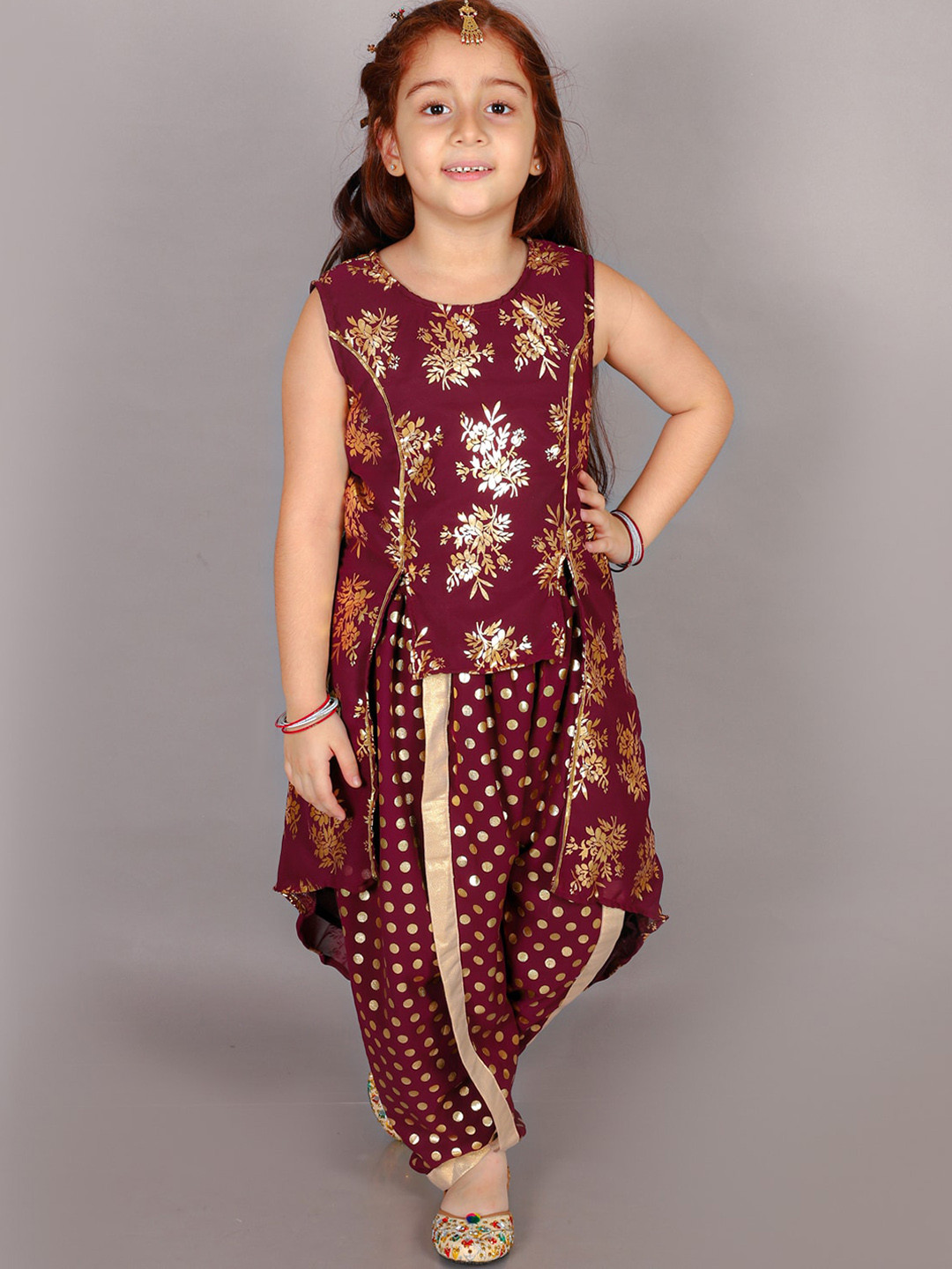 

BAESD Girls Floral Foil Printed Regular High-Low A-Line Kurta With Dhoti Pants, Maroon