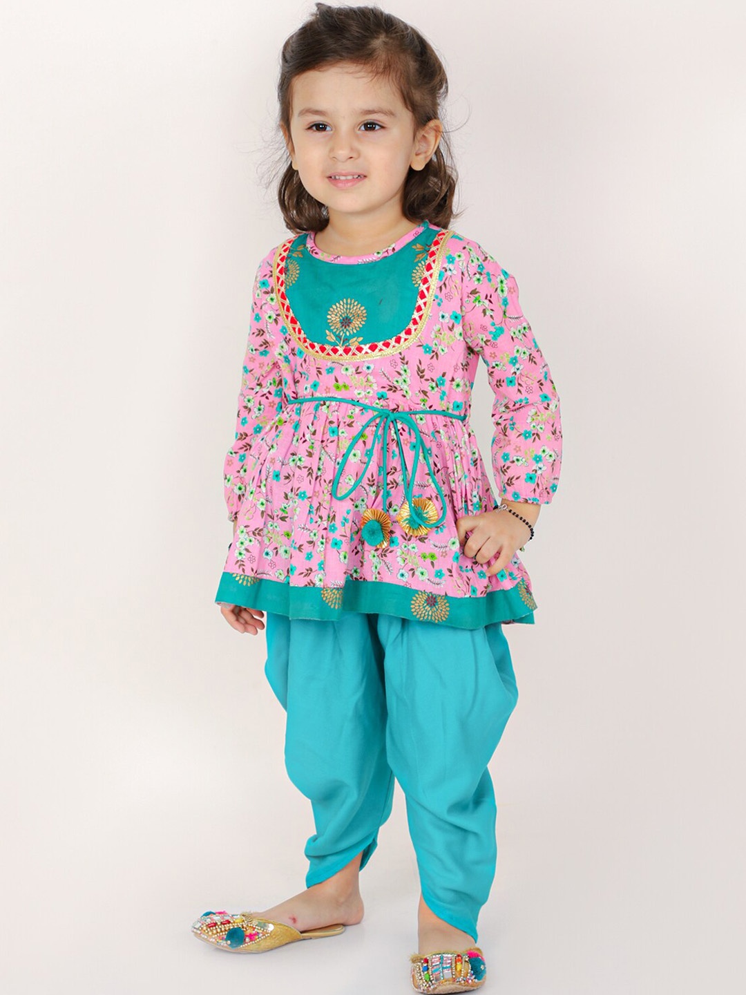 

BAESD Girls Floral Printed Pure Cotton A-Line Kurti With Dhoti Pants, Pink