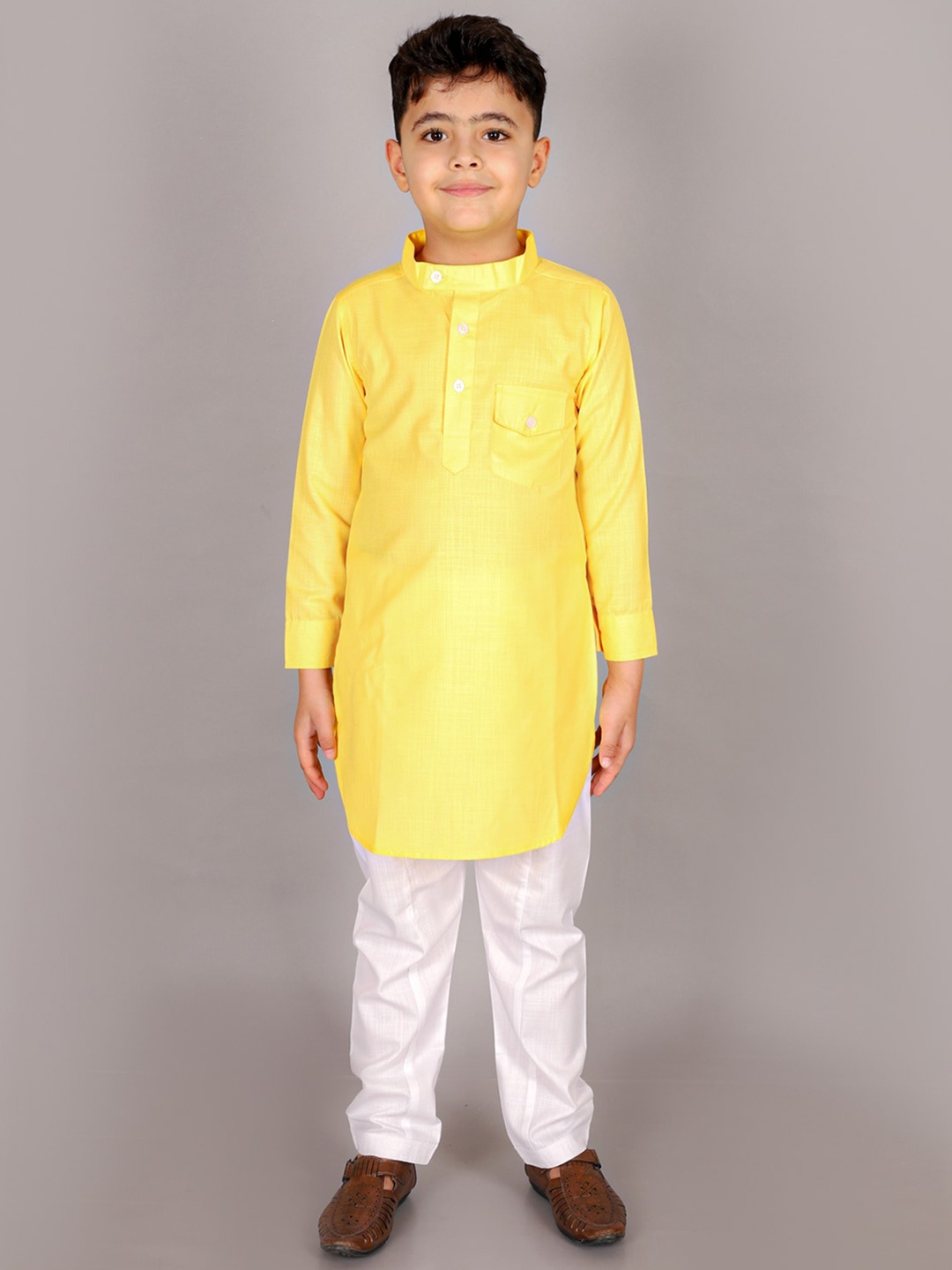 BAESD Boys Mandarin Collar Pure Cotton Kurta with Pyjamas, Yellow