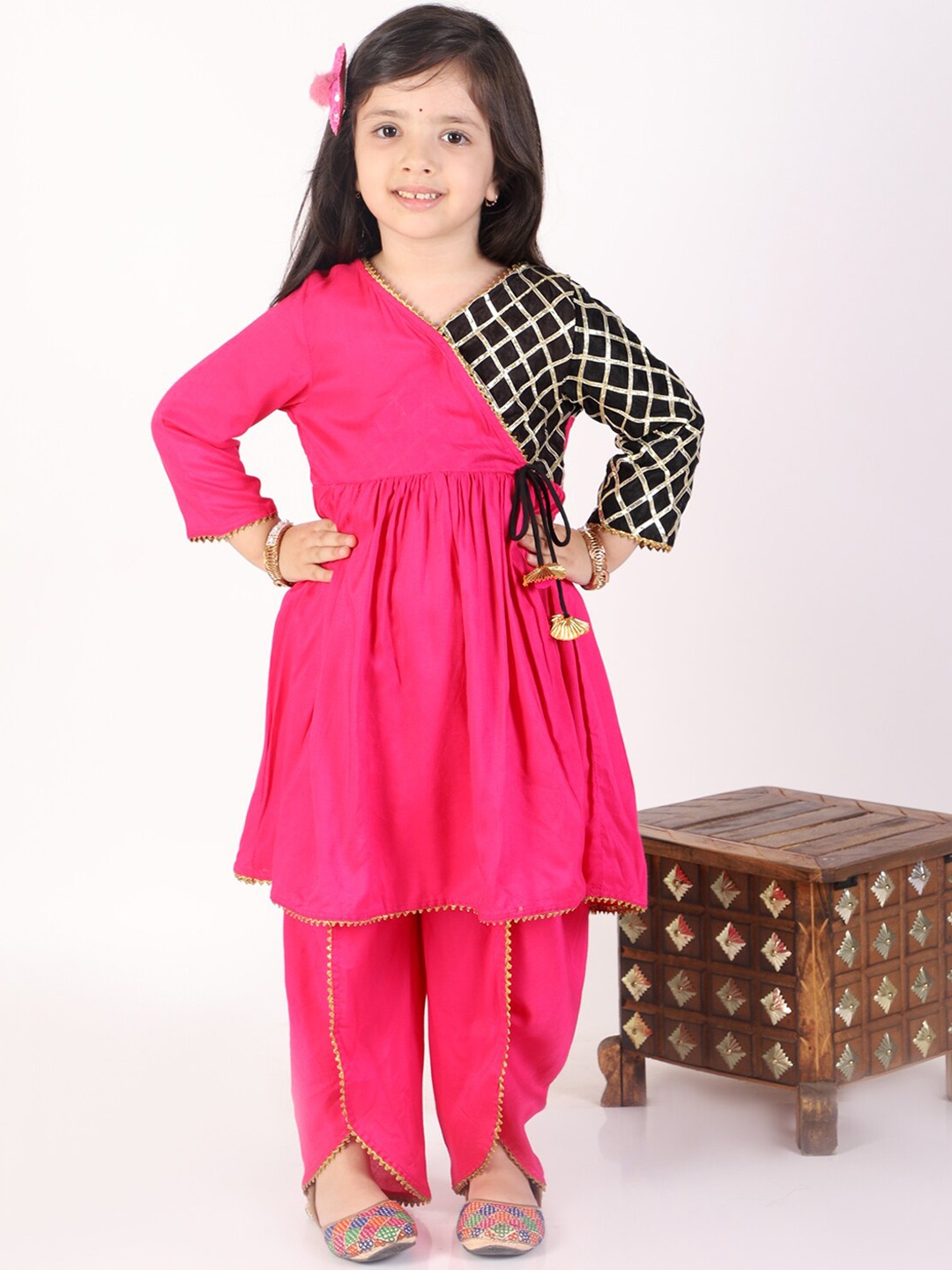 

BAESD Girls Checked Angrakha Anarkali Kurta with Dhoti Pants, Pink