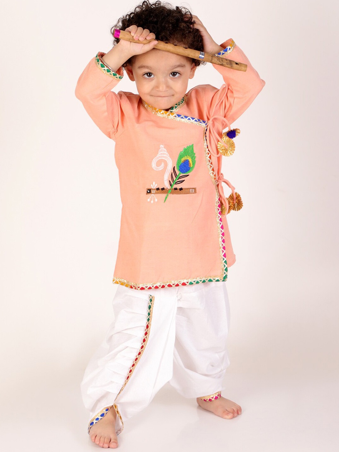

BAESD Boys Geometric Printed Pure Cotton Kurta With Dhoti Pants, Peach