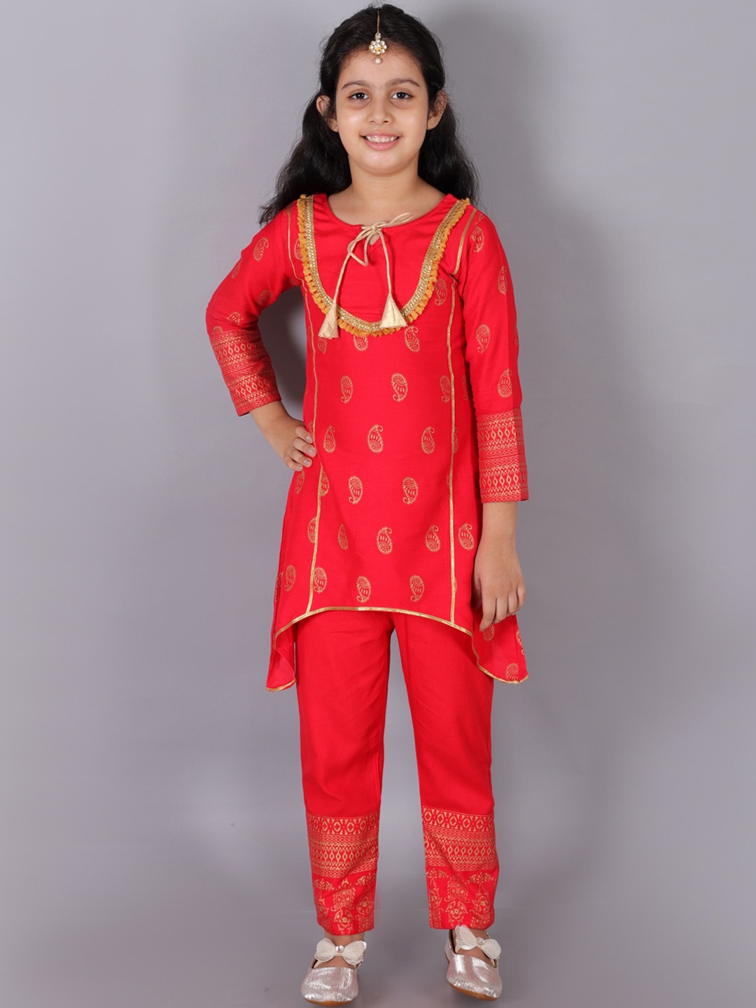 

BAESD Girls Ethnic Motifs Printed Regular Dupion Silk Kurta with Pyjamas, Red