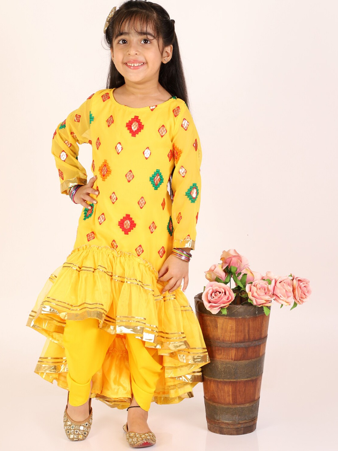 

BAESD Girls Ethnic Motifs Embroidered Regular Georgette Kurta with Dhoti Pants, Yellow