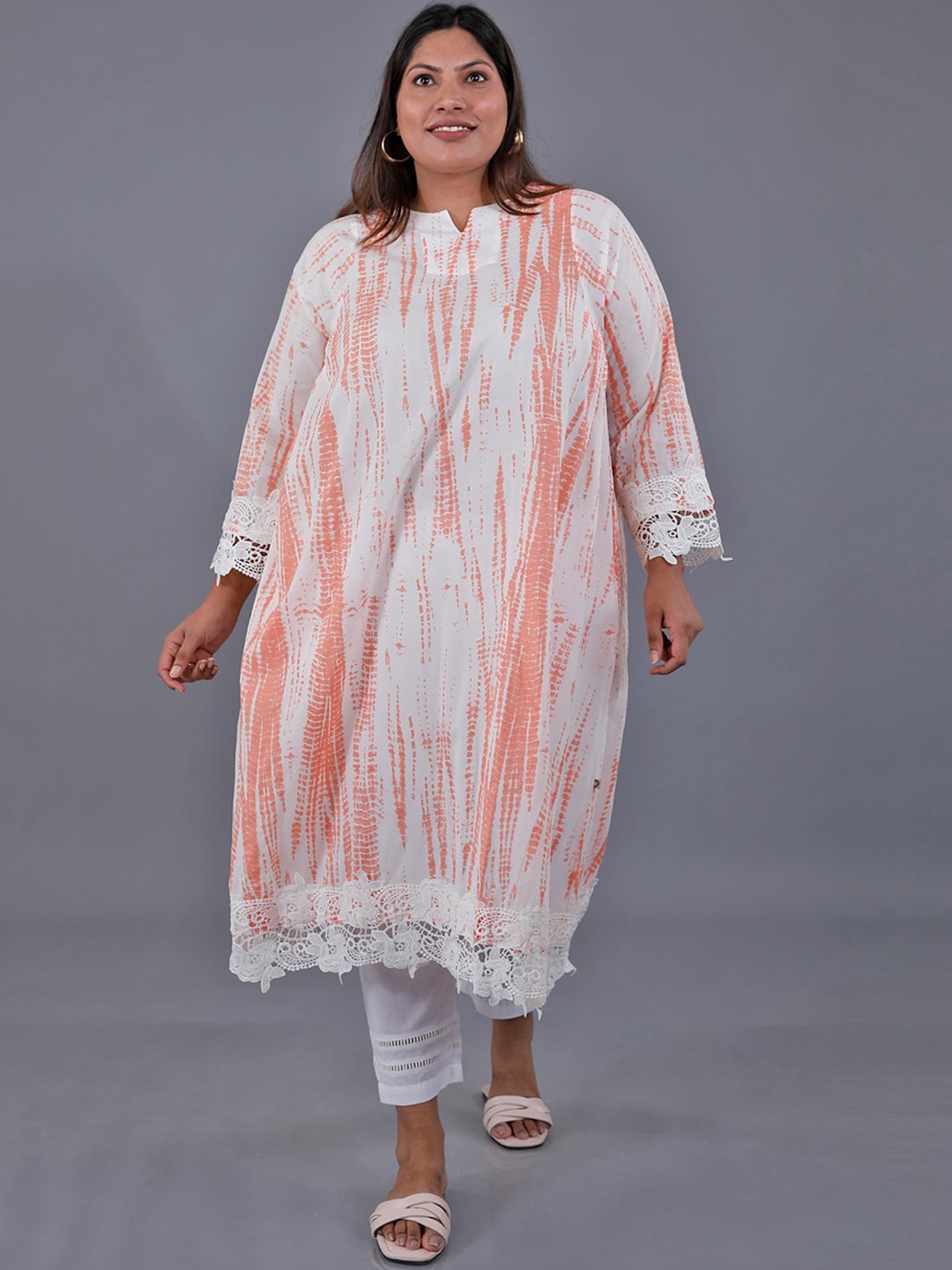 

Fabnest Curve Plus Size Striped Thread Work Cotton A-Line Kurta, Orange