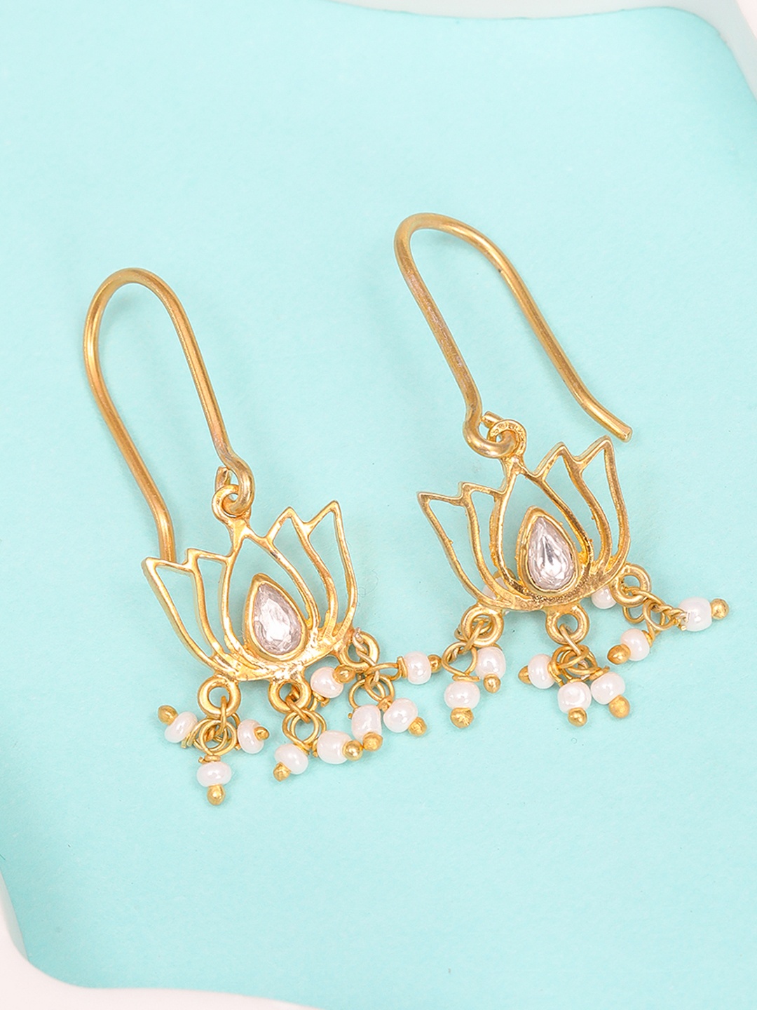 

Unniyarcha 92.5 Silver Gold-Plated Lotus Shaped Drop Earrings