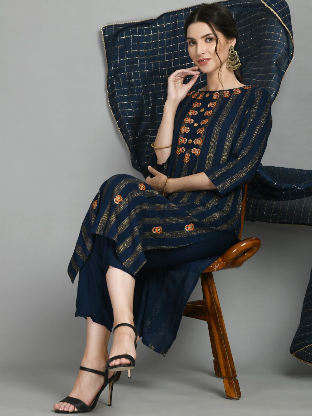DOISA Floral Embroidered Thread Work Kurta With Trousers & Dupatta, Navy blue