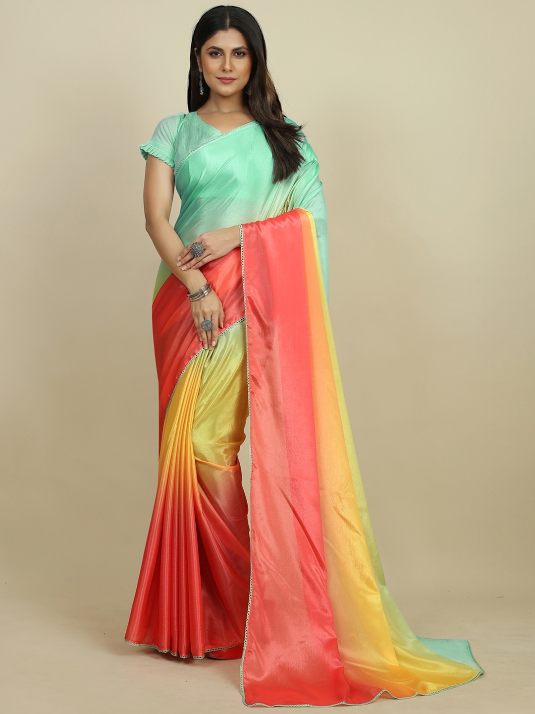 

Sangria Sea Green Colourblocked Pure Chiffon Holi Saree