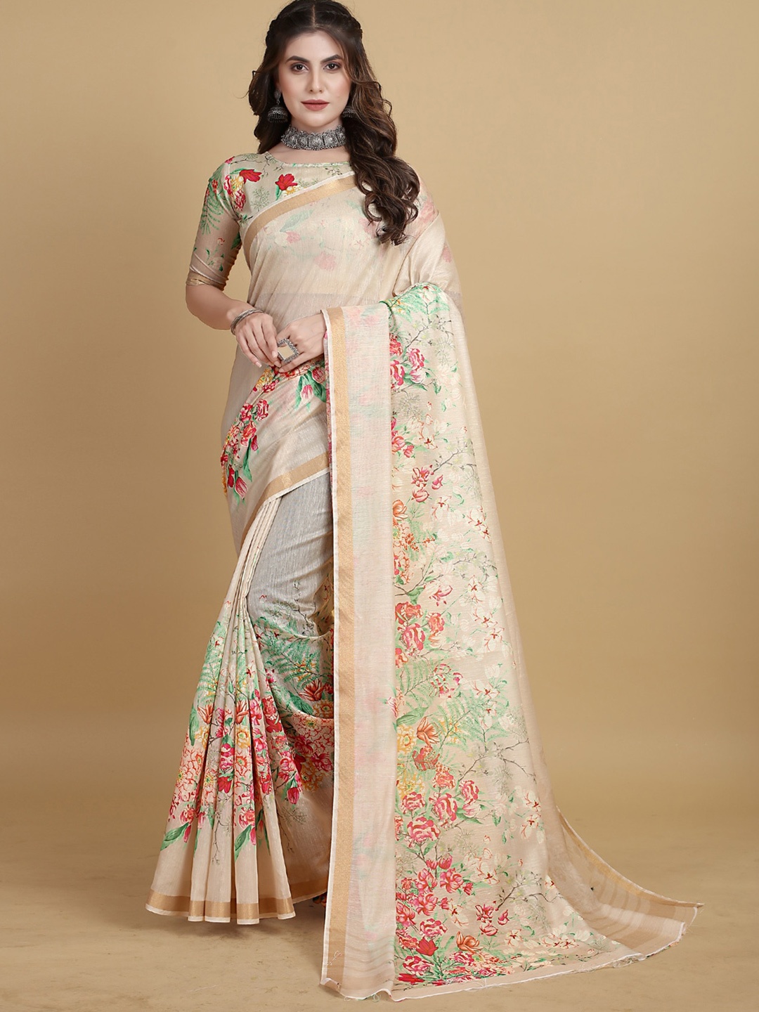 

Sangria Floral-Printed Zari Saree, Cream