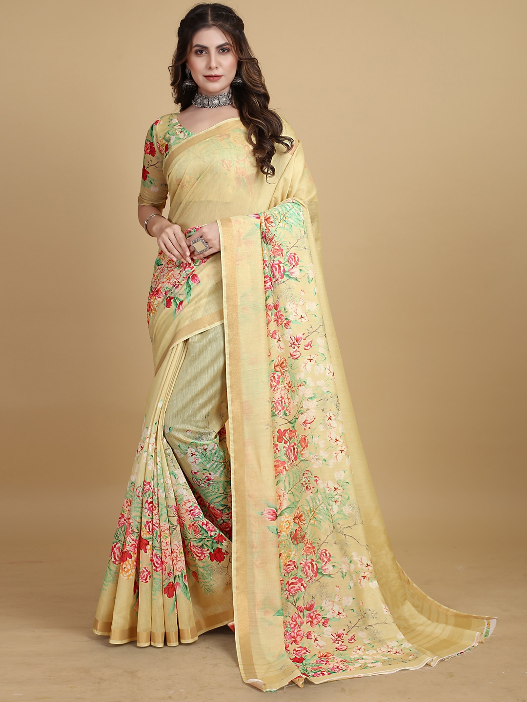 

Sangria Floral-Printed Zari Saree, Yellow